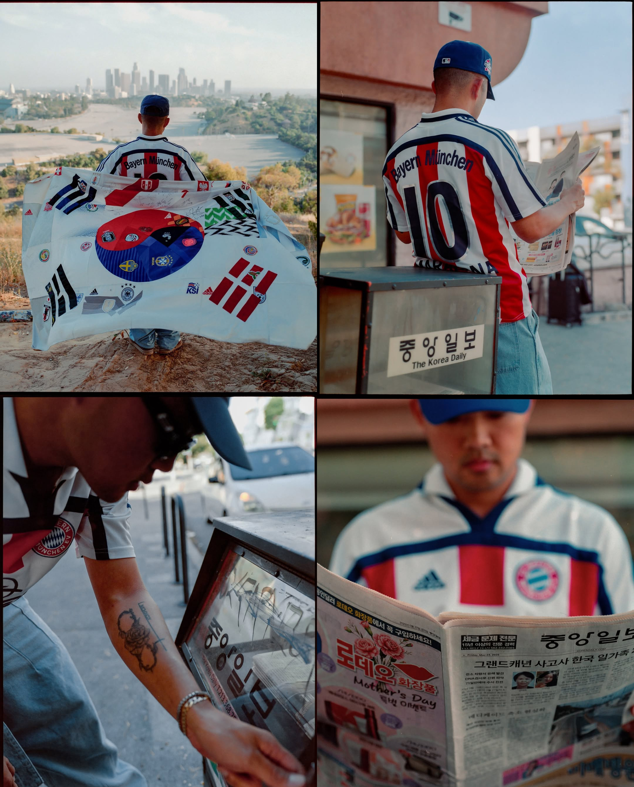 Bayern Munich Koreatown feature collage with flag, holding The Korea Daily newspaper, opening box, reading newspaper