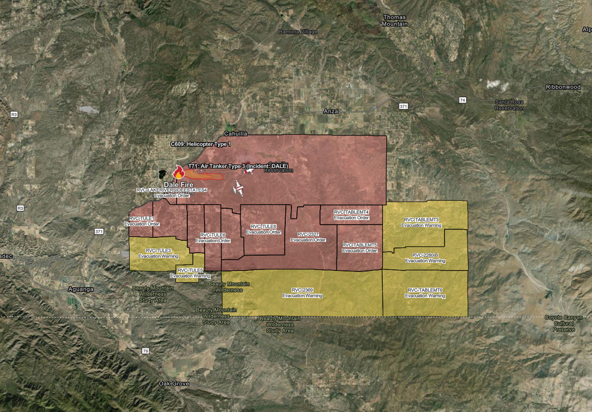 CAL FIRE evacuation map for Dale Fire in Riverside County as of 5 p.m. on July 16, 2025