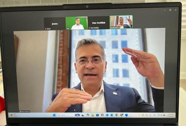 Former U.S. Health and Human Services Secretary Xavier Becerra, who has announced his candidacy for California governor, has a video interview with the Korea Daily on July 31. [Sangjin Kim, The Korea Daily]