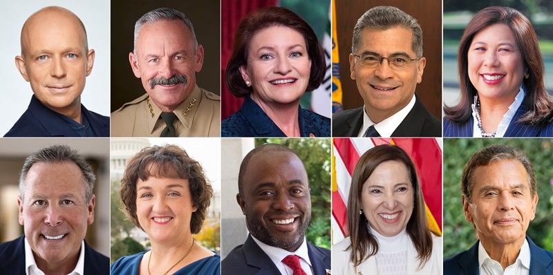 Preliminary candidates who have declared their intention to run in the California governor race. (Clockwise from top left) Steve Hilton, former Fox News host (R); Chad Bianco, former Riverside County sheriff (R); Toni Atkins, former state Senate President pro tempore (D); Xavier Becerra, former Secretary of Health and Human Services (D); Betty Yee, state controller (D); Antonio Villaraigosa, former Los Angeles mayor (D); Eleni Kounalakis, lieutenant governor (D); Tony Thurmond, state superintendent of public instruction (D); Katie Porter, former U.S. representative (D); and Stephen Cloobeck, real estate developer (D).