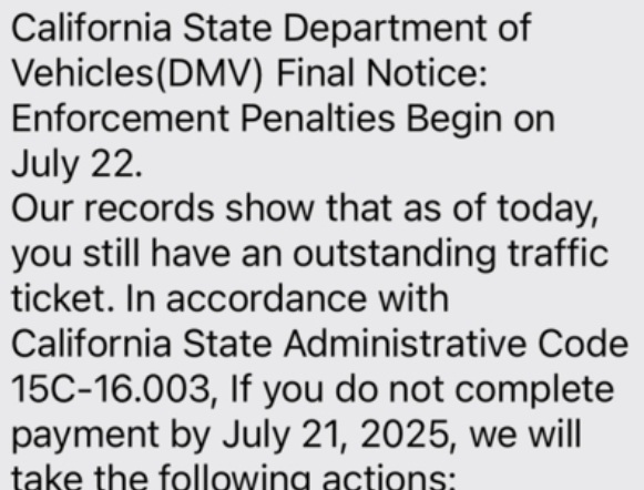 A text message impersonating the California Department of Motor Vehicles, urging payment of a traffic violation fine. [Screenshot]