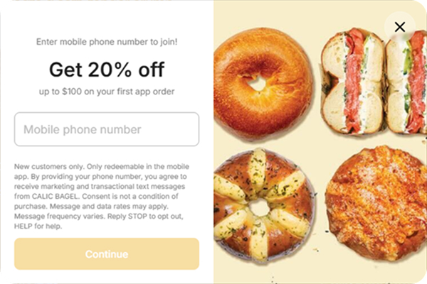 Calic Bagel app launch promo offering 20% off first order with code WELCOME on official website