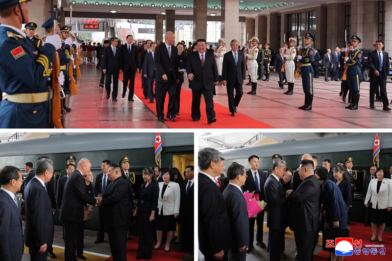 A picture combo released by the state-run North Korean Central News Agency (KCNA) of North Korean leader Kim Jong-un arriving in Beijing on Sept. 2 shows Kim departing from his private train at a station, greeted by members of China's leadership. [KOREAN CENTRAL NEWS AGENCY]