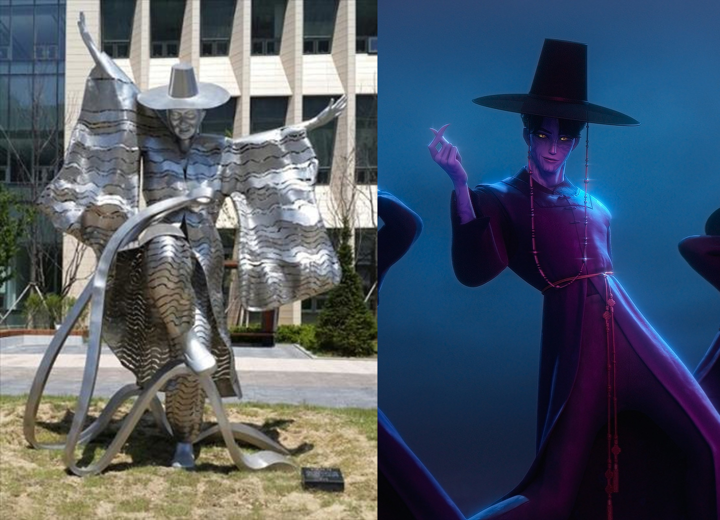 The public statue in Sejong that was demolished after complaints about its “hideous” appearance, left, and a scene from Netflix's ″KPop Demon Hunters″ in which the Saja Boys dress as Korean grim reapers [YONHAP, NETFLIX]