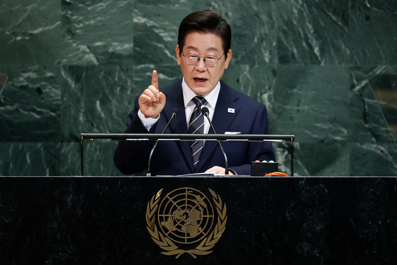 South Korean President Lee Jae Myung addresses the 80th United Nations General Assembly at the UN headquarters in New York on Sept. 23. [REUTERS]