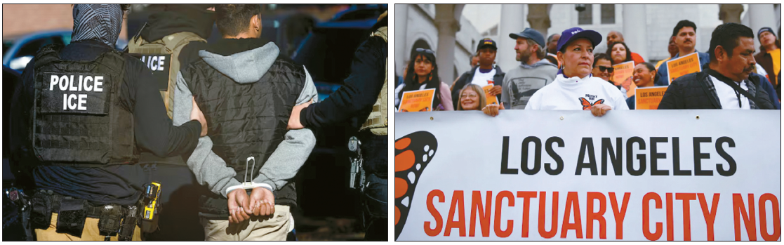 ICE immigration raids in Los Angeles as agents arrest a man during an apartment sweep; pro-immigrant rally outside LA City Hall in 2024