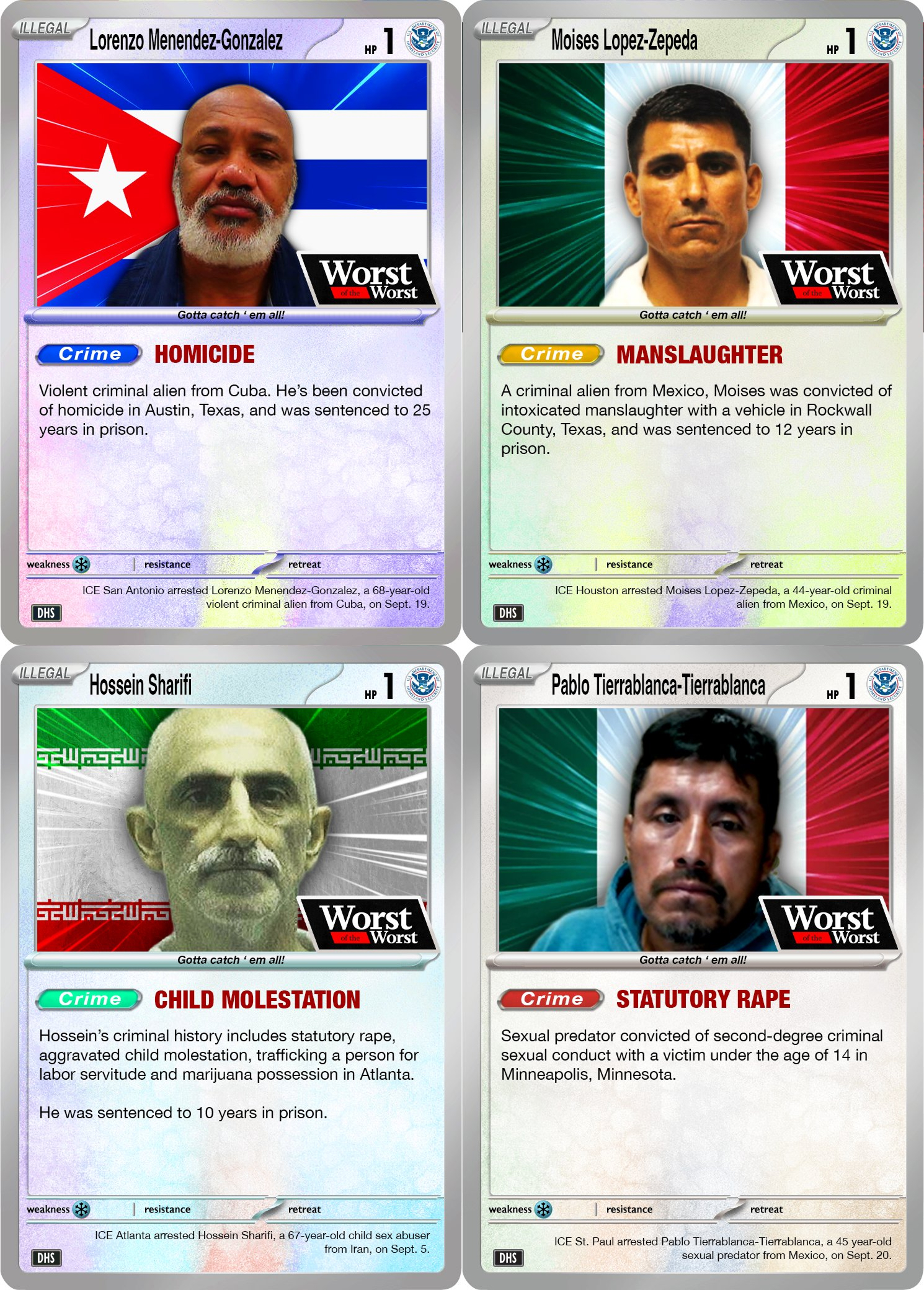 DHS Pokémon video cards on X showing ICE arrests, including suspects linked to homicide, manslaughter, child molestation, and statutory rape.