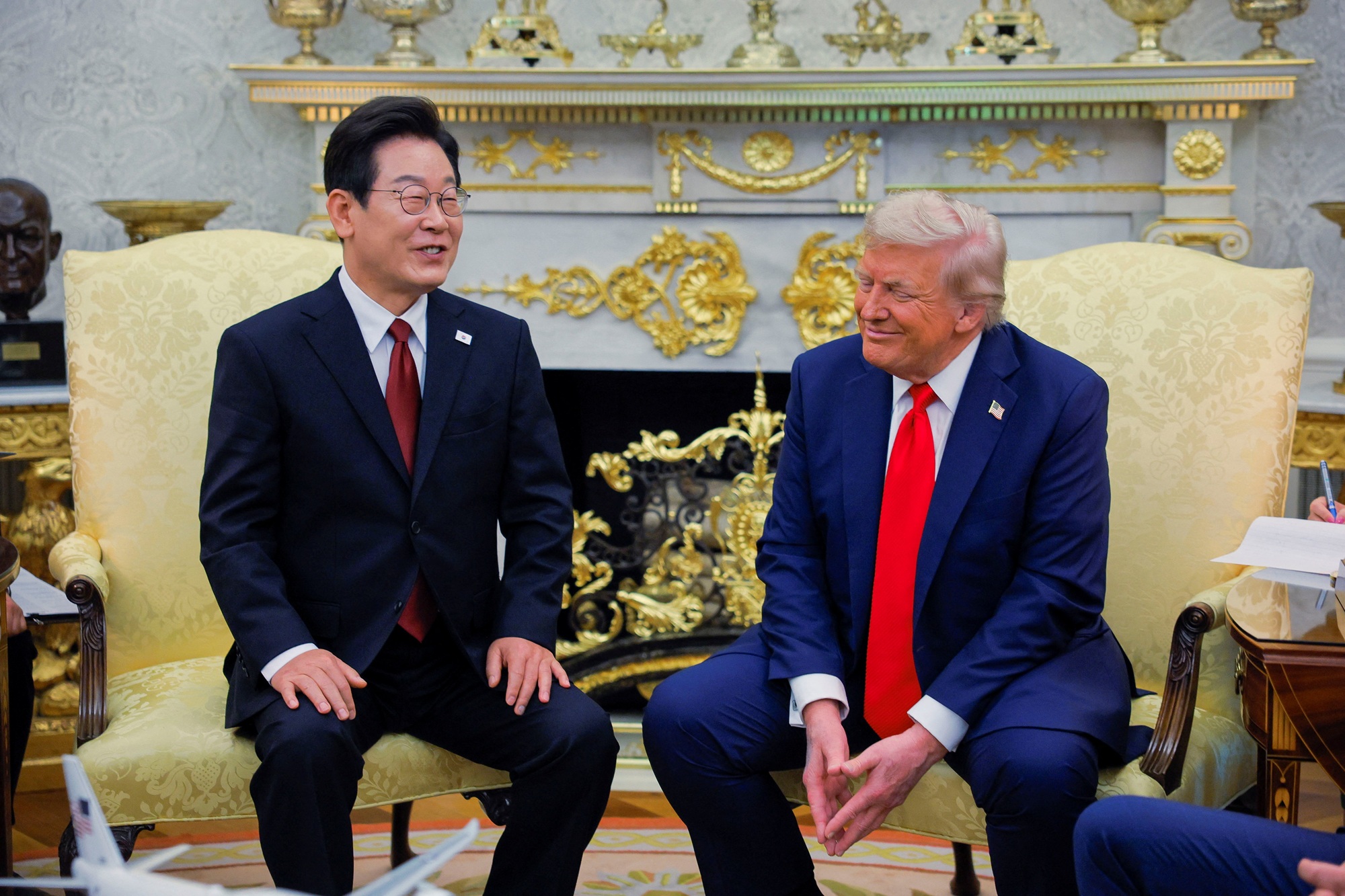 U.S. President Donald Trump meets with South Korean President Lee Jae Myung at the Oval Office, at the White House, in Washington, D.C., U.S., August 25, 2025. [REUTERS]