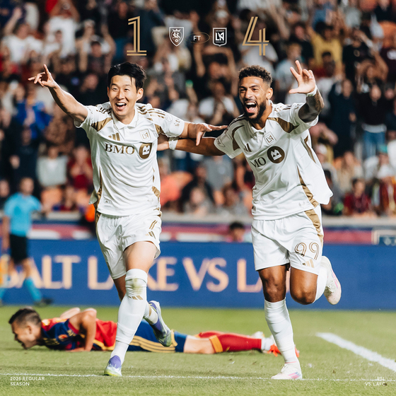 Son Heung-min hat trick celebration with Denis Bouanga during LAFC vs. Real Salt Lake MLS match