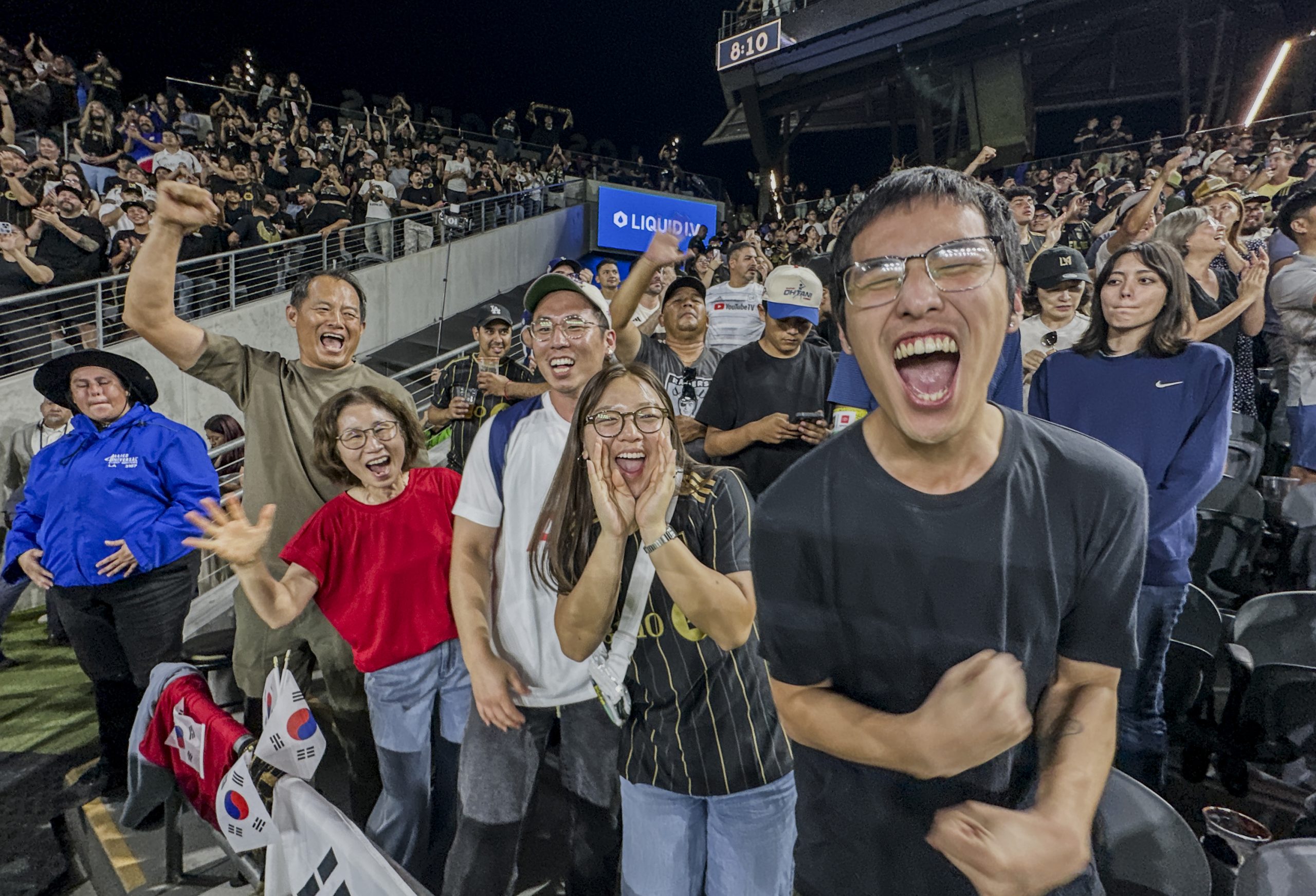 Fans celebrate LAFC’s first goal during Son Heung-Min LAFC home debut at BMO Stadium