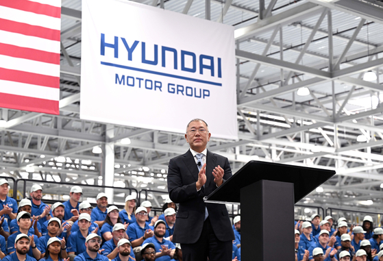 Euisun Chung, executive chair of Hyundai Motor Group, appears on stage at a completion ceremony for the Hyundai Motor Group Metaplant America in the U.S. state of Georgia on March 27. [HYUNDAI MOTOR]