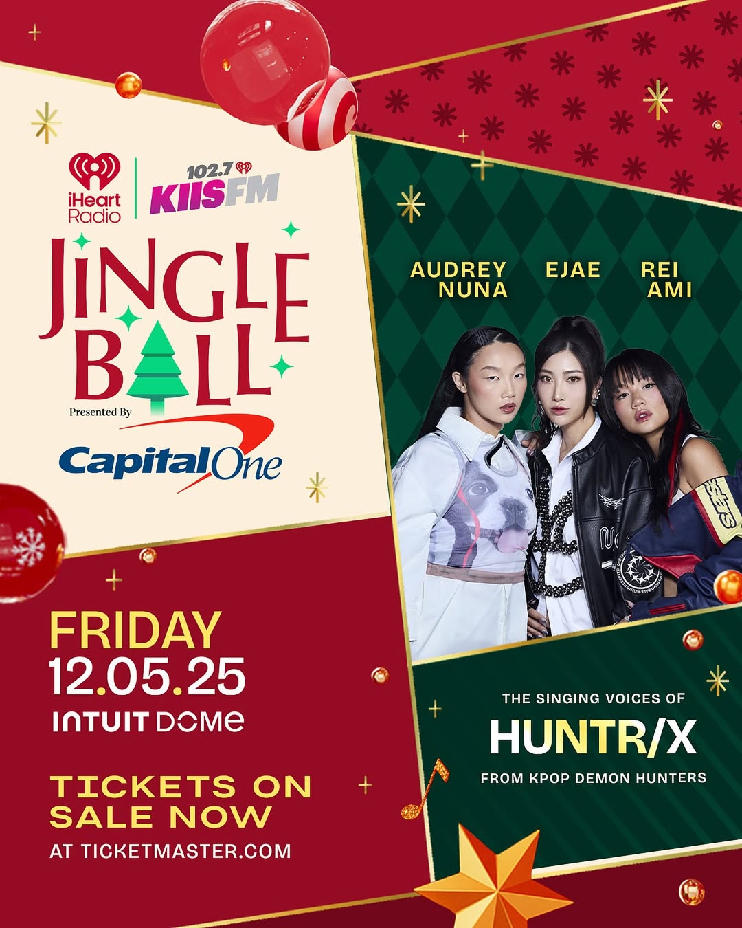 Promotional flyer from 102.7 KIIS FM’s Instagram announcing the first live concert appearance of HUNTR/X, the virtual K-pop trio from Netflix’s KPop Demon Hunters, at the 2025 Jingle Ball in Inglewood.