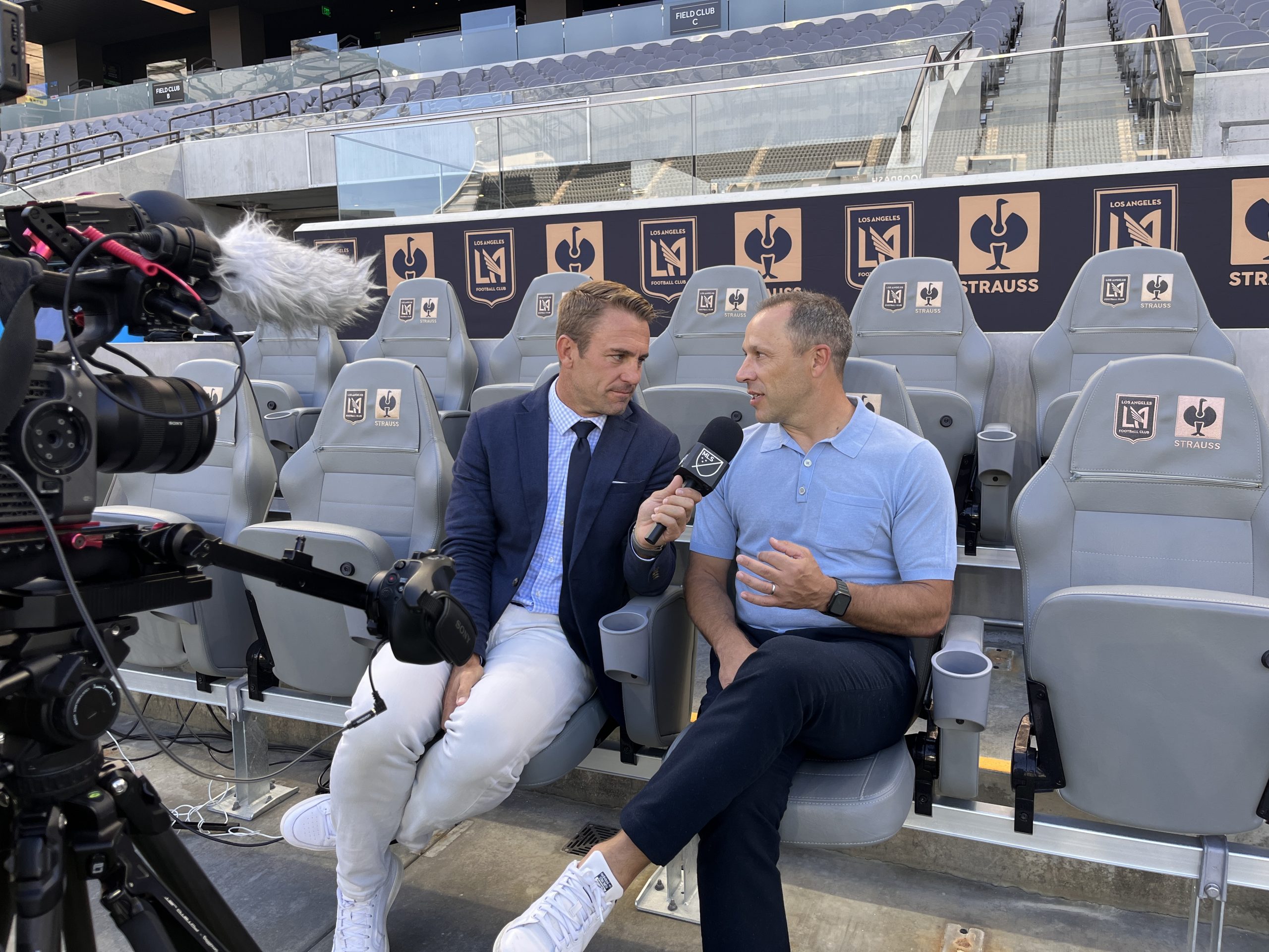 Apple TV commentator Taylor Twellman interviews LAFC coach Steve Cherundolo for Son Heung-min broadcast