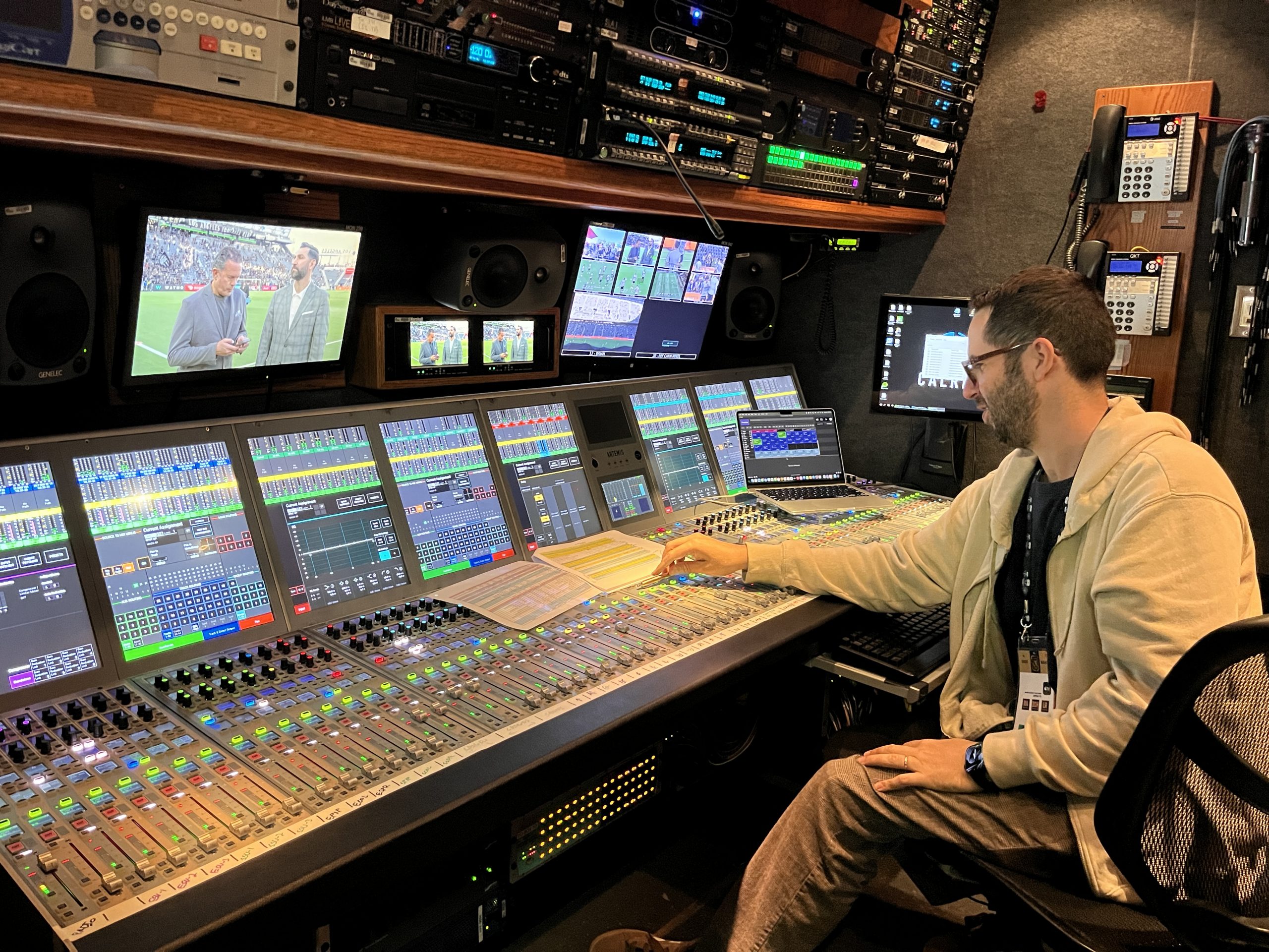 Apple TV audio director Omer Barzilay fine-tunes sound during Son Heung-min LAFC broadcast