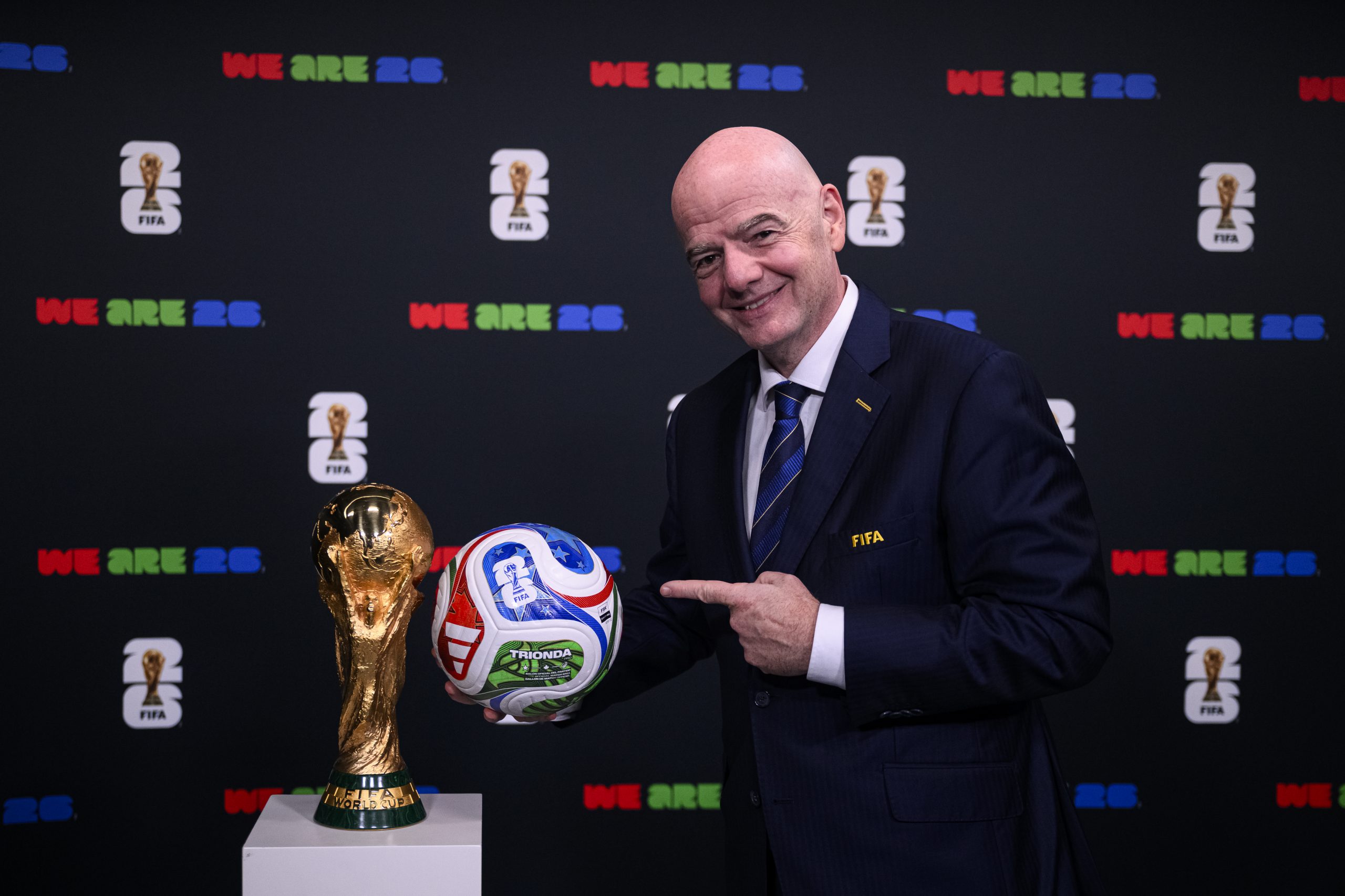 FIFA President Gianni Infantino unveils the FIFA World Cup 2026 ball TRIONDA at FIFA headquarters in Zurich on October 2, 2025