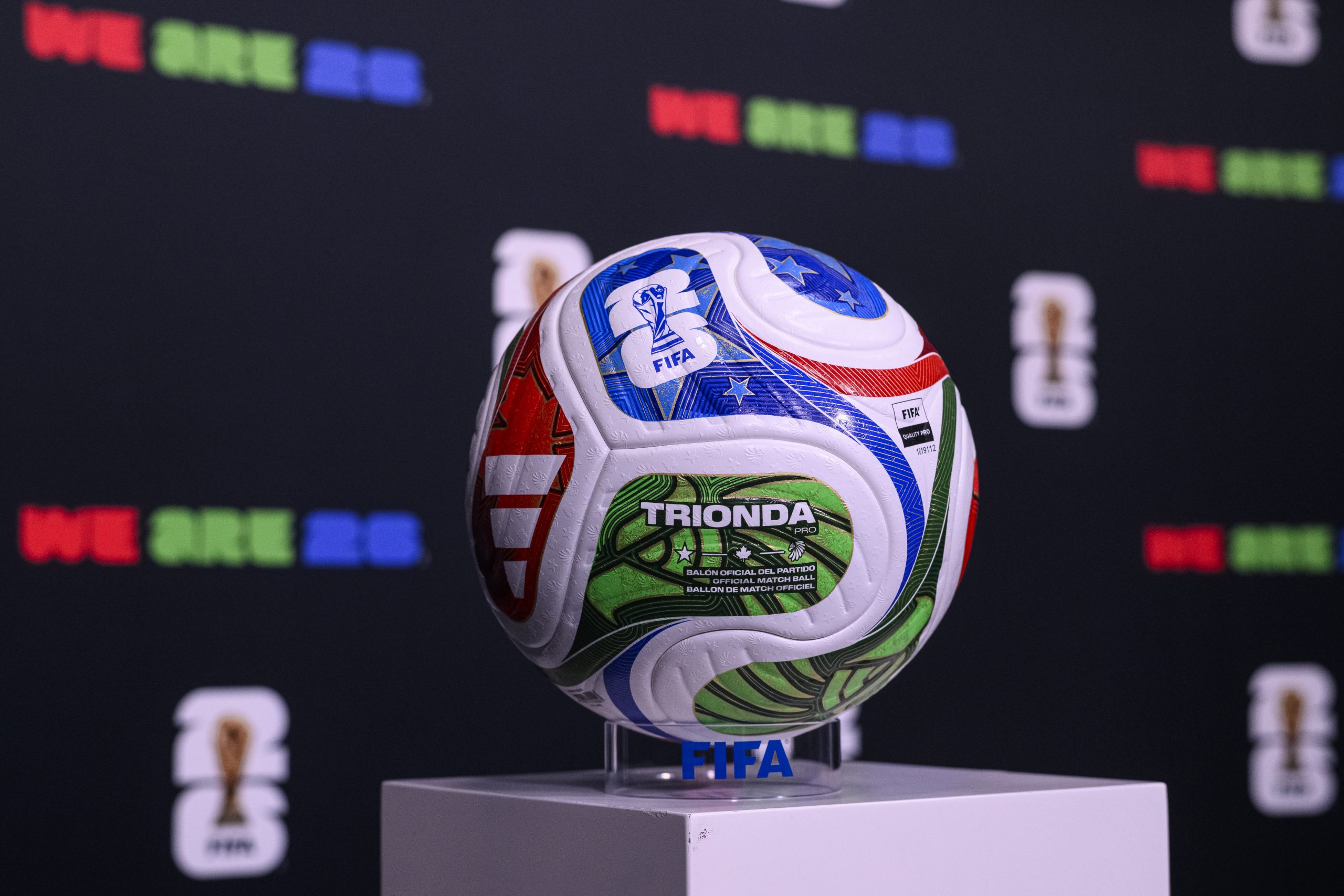 FIFA World Cup 2026 ball TRIONDA displayed at the Home of FIFA in Zurich on October 2, 2025