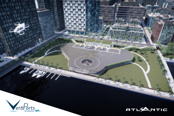 graphic rendering of electric air taxis landing at a vertiport site in LA, VertiPorts by Atlantic