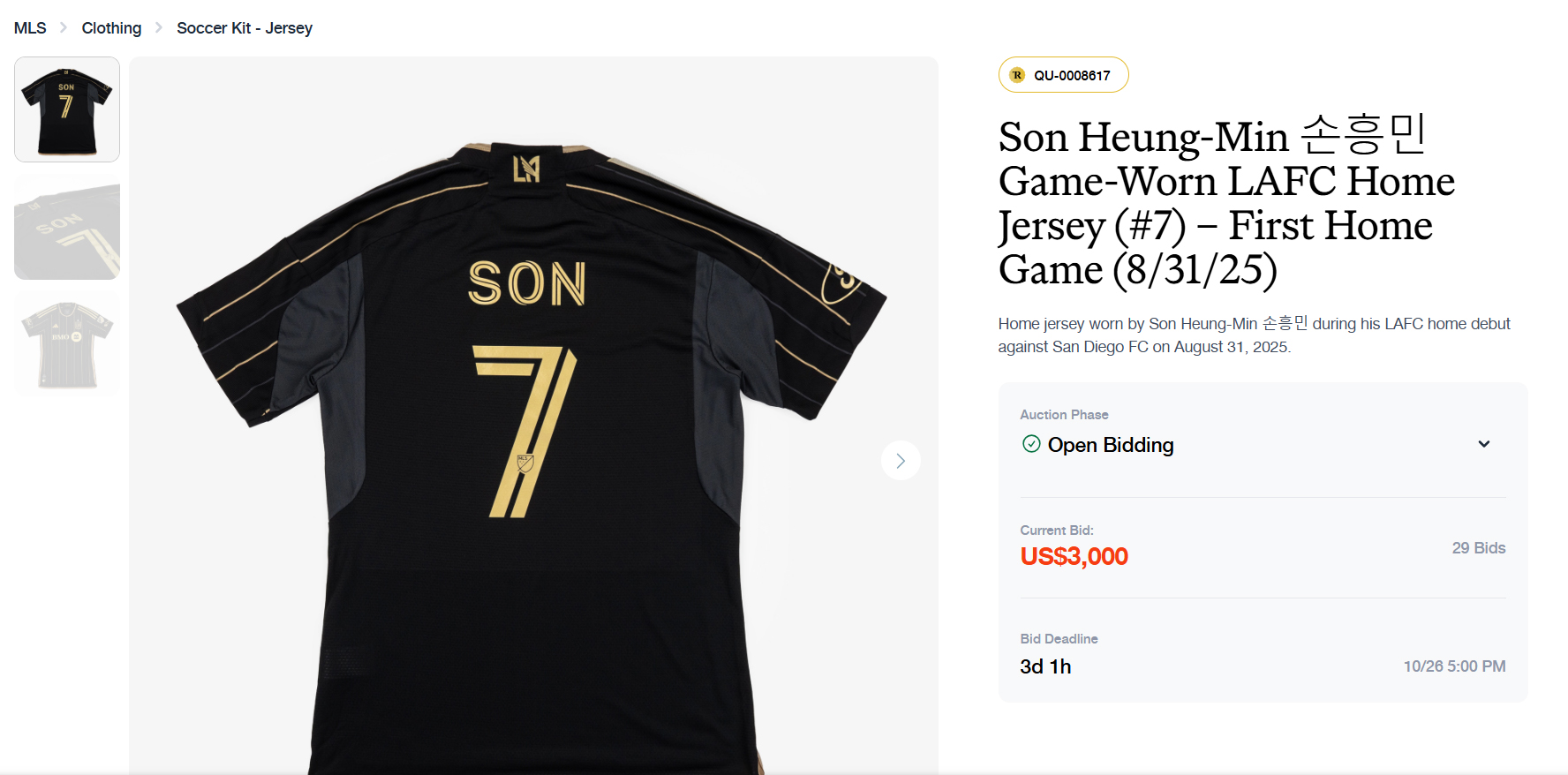 Son Heung-min jersey auction draws $3,000 as fans bid on his LAFC debut uniform through The Realest’s MLS-certified sale.