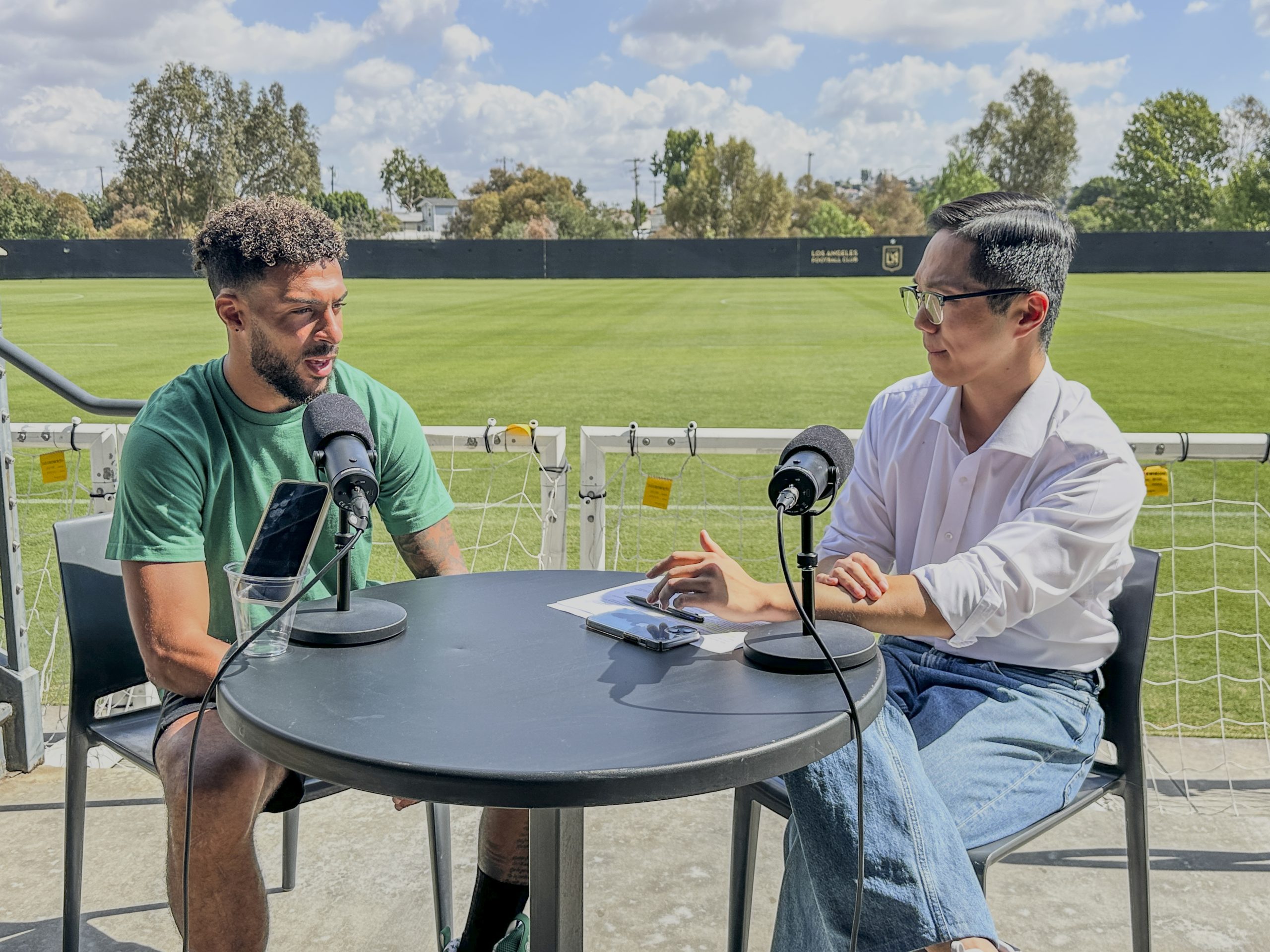 Denis Bouanga interview at LAFC Performance Center with Kyeongjun Kim, The Korea Daily journalist