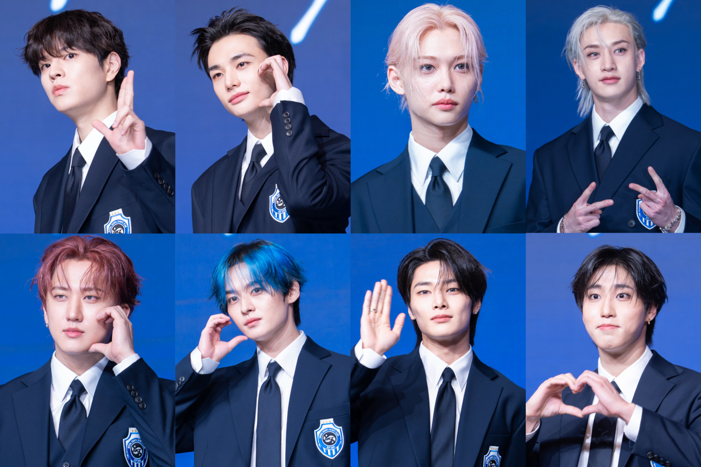 Boy band Stray Kids poses for photos during a press conference for the release of its fourth full-length album, “Karma,” at Conrad Seoul in western Seoul on Aug. 22. [DANIELA GONZALEZ PEREZ]