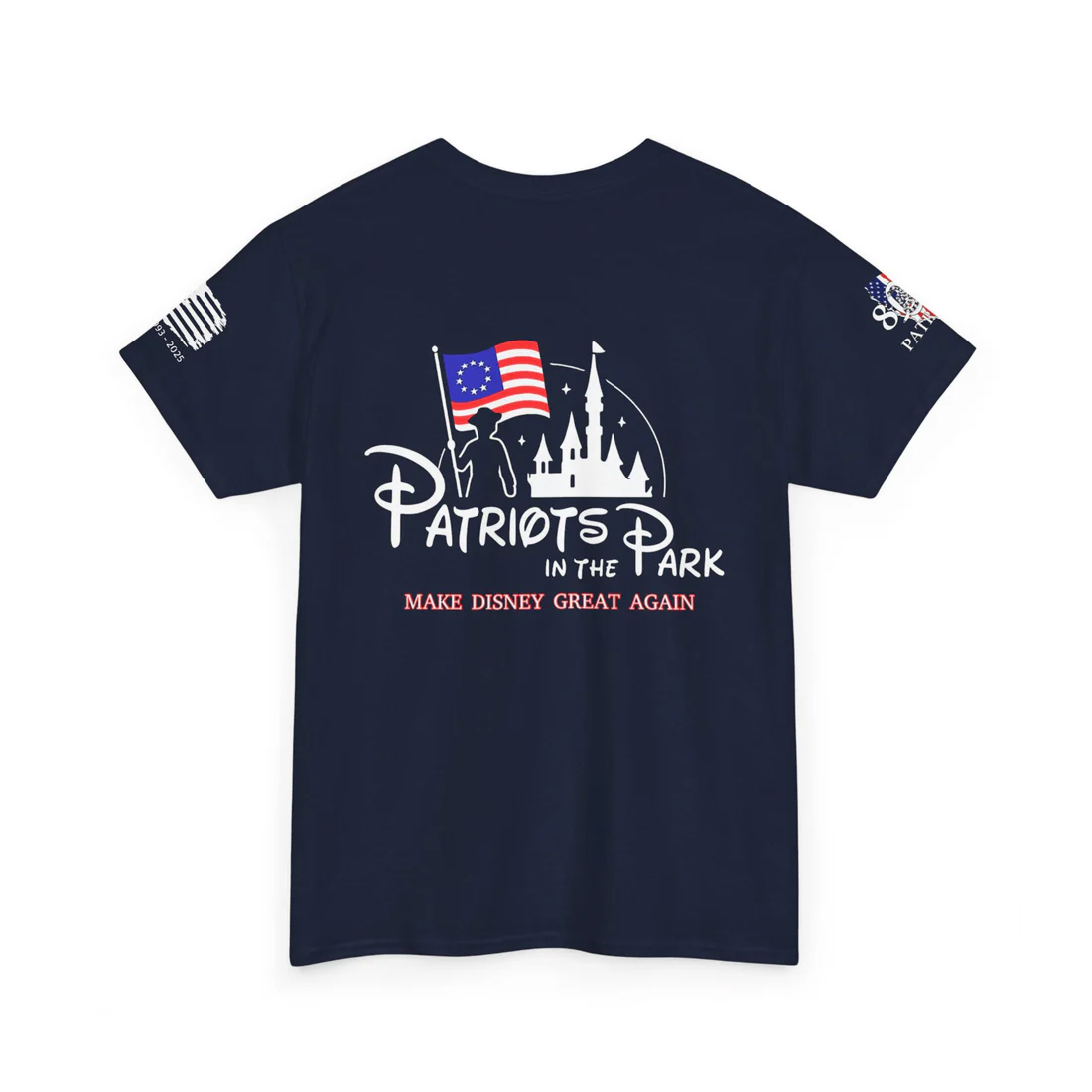 Patriots in the Park Tshirt promoting the Disneyland MAGA invasion with a Revolutionary War figure and Betsy Ross flag