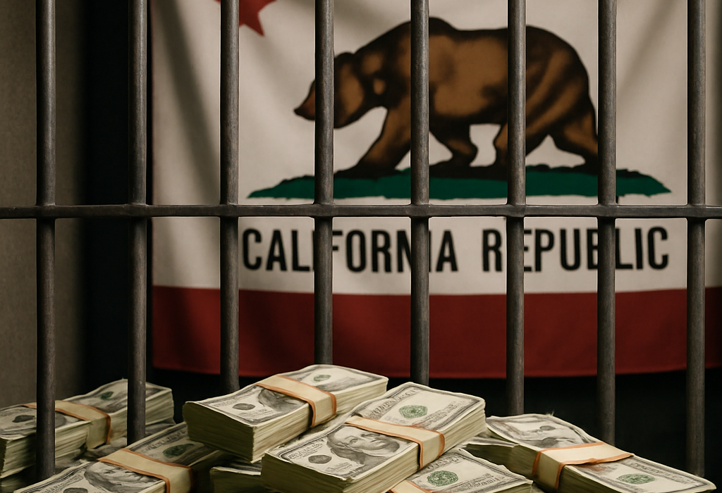 stacks of cash behind jail bars with the California flag, illustrating California billionaire tax debate