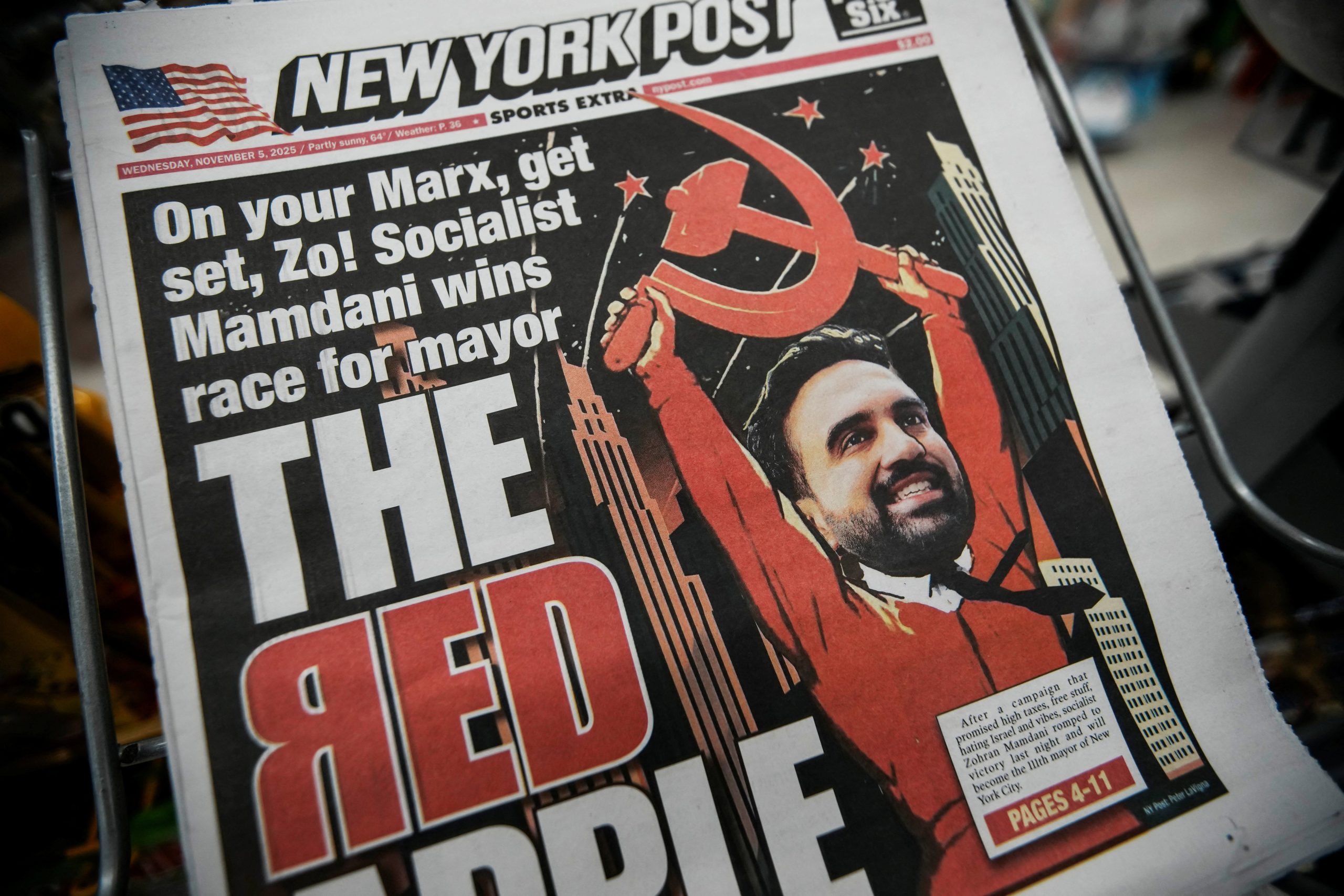 New York Post cover shows Zohran Mamdani socialist New York election win with Communist symbol