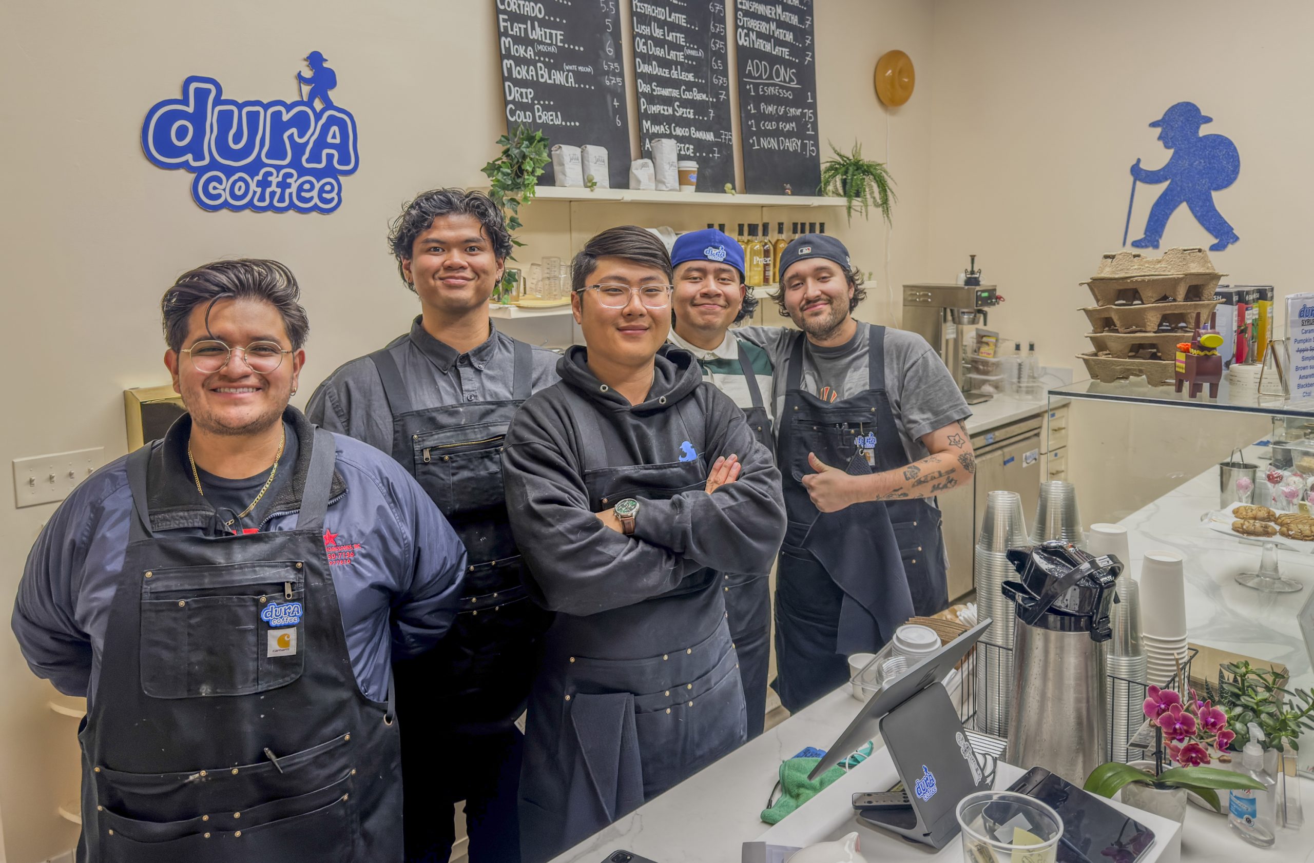 Dura Coffee founders inside the café, featuring Jesus Hernandez, Kevin Pacheco, Ryan Kim, Brian “Franco” Vazquez, and Ryan Pizarro.