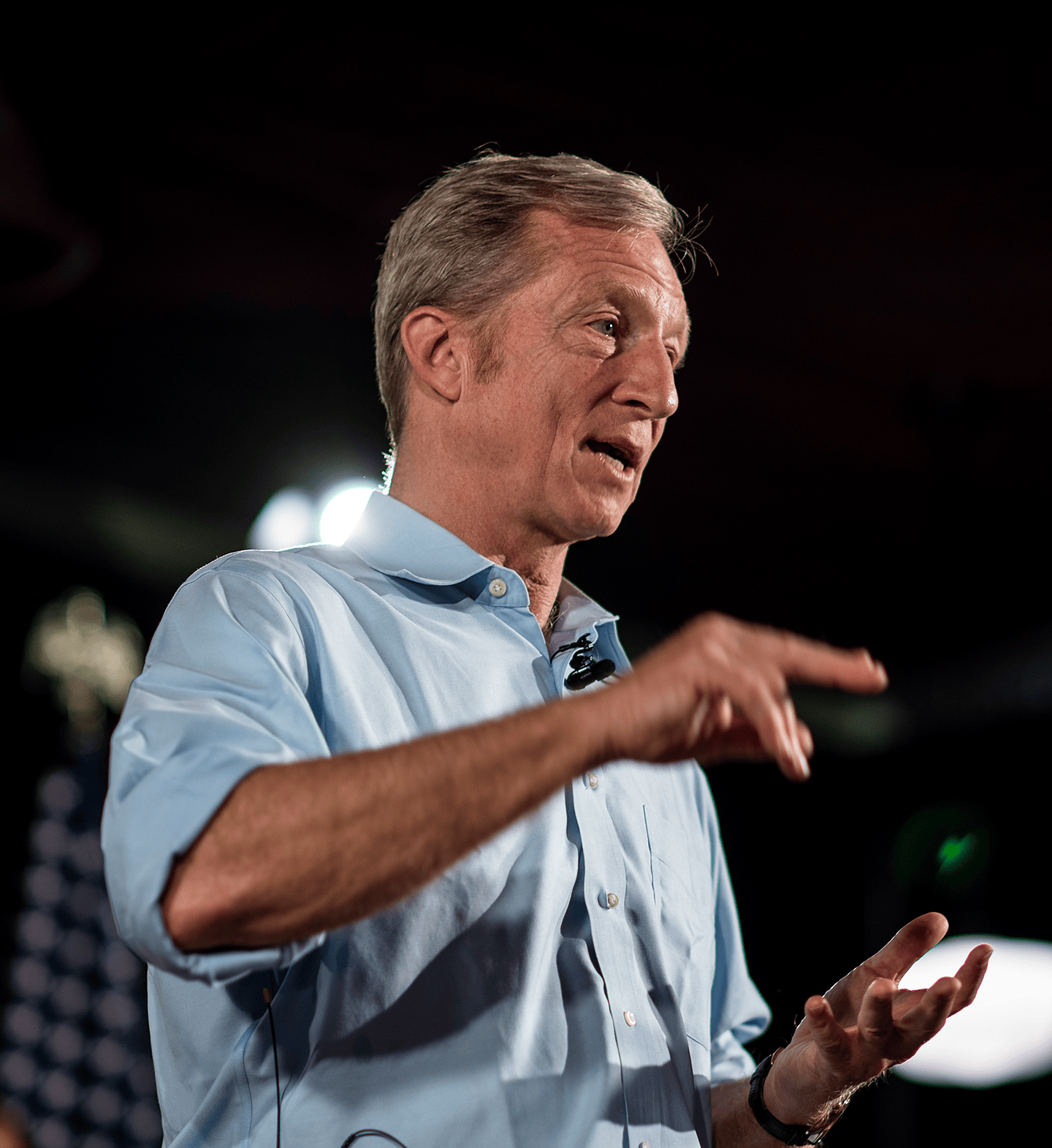 Tom Steyer speaking in a campaign-style setting