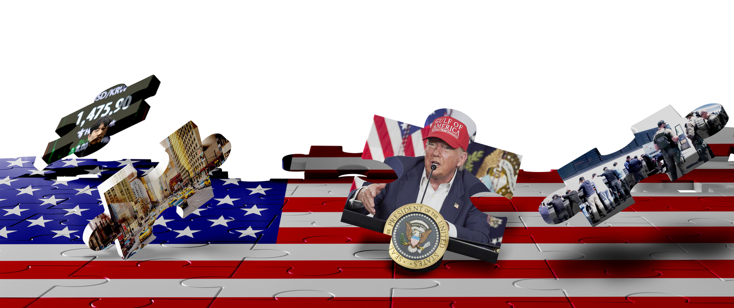 From left: An electronic board on Nov. 21 shows a steep depreciation of won against the dollar; A street of Manhattan in New York; U.S. President Donald Trump announces a new detention center in Florida; An immigration raid of Korean workers at the Hyundai Motor-LG Energy Solution vehicle assembly plant in Georgia. [YONHAP, REUTERS]