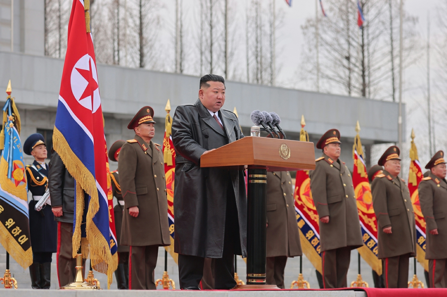 North Korean leader Kim Jong-un speaks during a welcoming ceremony for the 528th Engineering Regiment on Dec. 12 at in Pyongyang. [RODONG SINMUN]