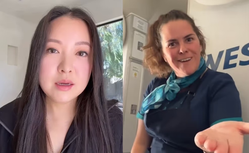 Charlet Chung, left, and the flight attendant. [Screenshot from @charletchung/Instagram]
