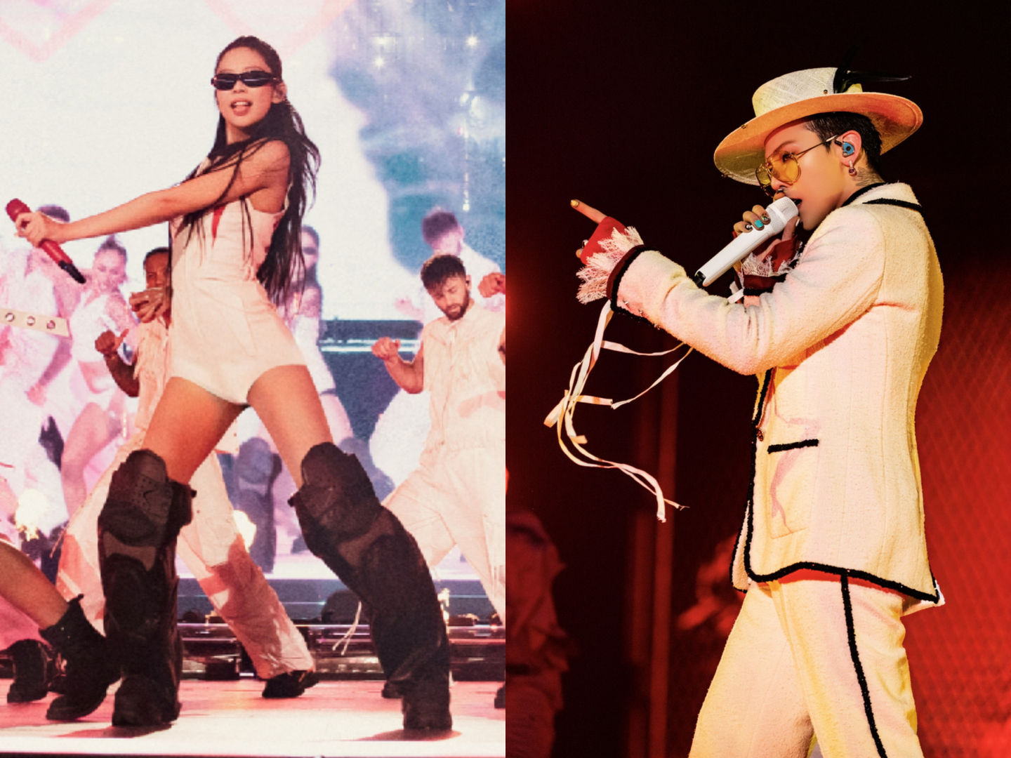 Left: Jennie performs during Blackpink's ″Deadline″ world tour at Goyang's main stadium in Gyeonggi on July 6. Right: G-Dragon performs during a concert of his “Ubermensch” world tour at Gocheok Sky Dome in western Seoul, held on Dec. 12, 13 and 14. [YG ENTERTAINMENT/GALAXY CORPORATION]