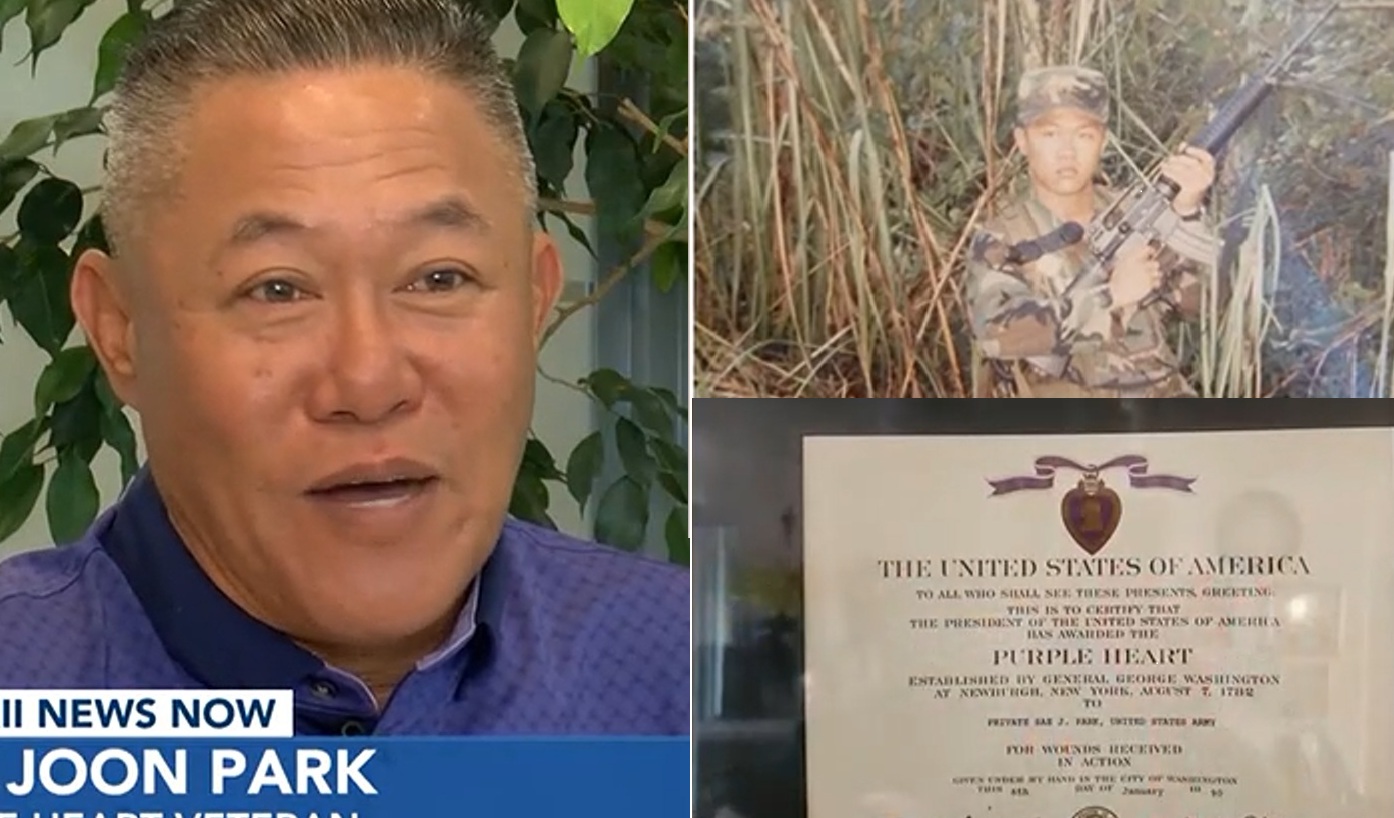 Sae Joon Park, a Purple Heart recipient and U.S. Army veteran, was forced to self-deport to South Korea on June 23 after nearly 50 years in the United States. (Top right) Park during his time as an active-duty soldier. (Bottom right) His Purple Heart award, issued for wounds sustained in combat. [Screen capture from Hawaii News Now]