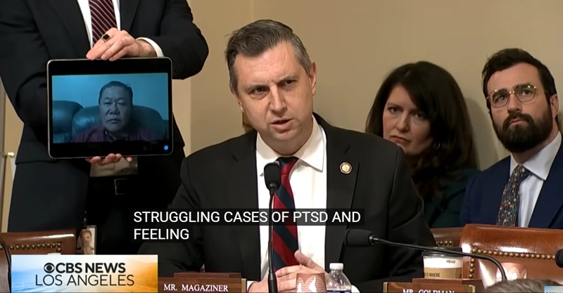 Rep. Seth Magaziner presses Homeland Security Secretary Kristi Noem after connecting Sae Joon Park live during a Department of Homeland Security hearing on Dec. 11. [Screen capture from CBS]