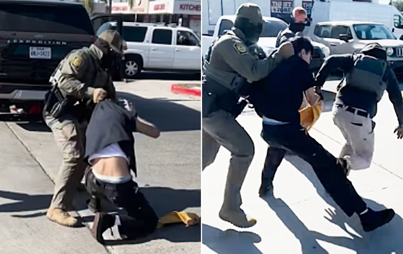 Masked ICE agents check the identification of street vendors in Downtown LA’s Fashion District on January 15. [Screen captured from ABC7 News]