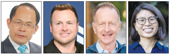 Portraits of Andrew Kim, Spencer Pratt, Austin Beutner, and Rae Huang from left, candidates in the LA mayoral race