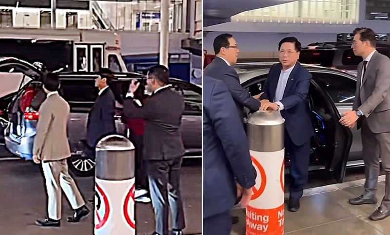 Men in suits are directing traffic on the roadway in front of the Tom Bradley International Terminal at Los Angeles International Airport. Rev. Younghoon Lee is stepping out of a stopped vehicle. [Instagram capture from @joy.of.everything]