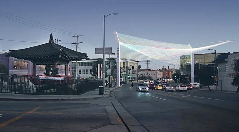 An architectural rendering of the gateway to be built near Daouljeong Pavilion in Koreatown. [JFAK Architects website]