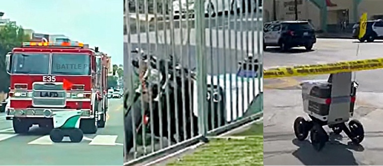 Delivery robots in urban areas including LA Koreatown and Hollywood have been involved in a string of incidents, blocking fire engine responses, crossing police lines at active scenes, and colliding with homes and motorcycles. [KTLA • Reddit capture]