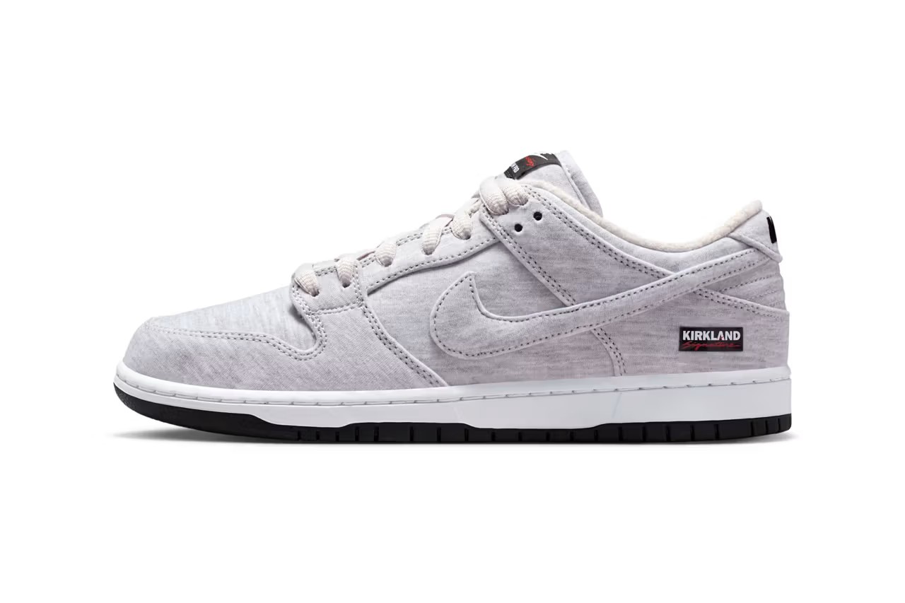 Costco Nike sneaker featuring a Kirkland-branded Nike SB Dunk Low displayed in black, gray, and white tones