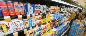 US beer brands displayed on grocery shelves near Los Angeles Koreatown
