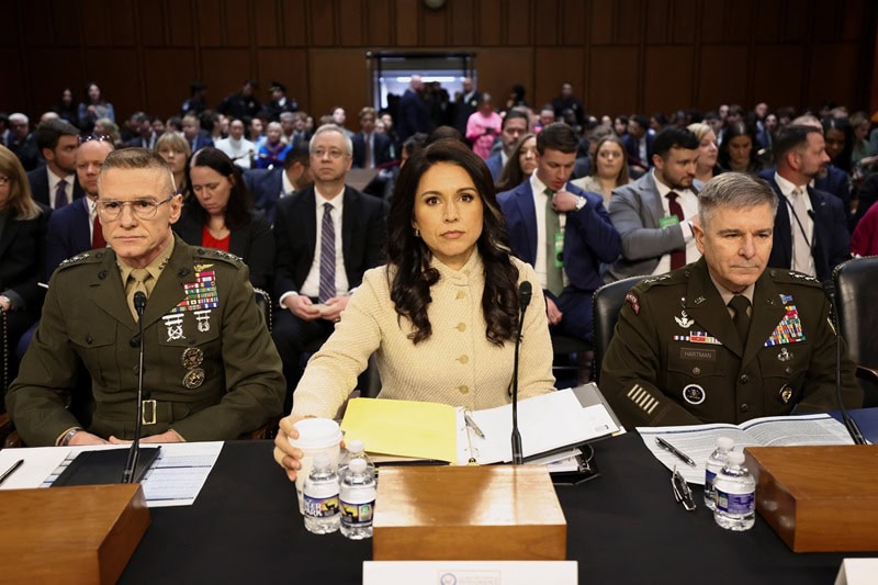 Tulsi Gabbard, center, director of National Intelligence (DNI), testifies before a Senate Intelligence Committee hearing on Capitol Hill in Washington, D.C., U.S., March 18, 2026.  [REUTERS]