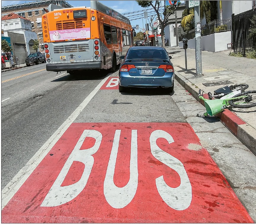 Northbound bus lane on Alvarado Street near Koreatown in Los Angeles used for AI enforcement of illegal parking