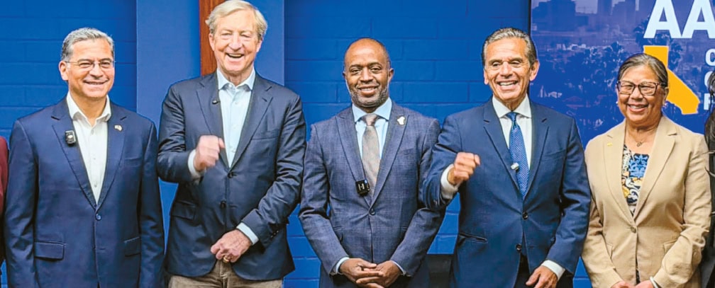 Five Democratic California governor candidates—Xavier Becerra, Tom Steyer, Tony Thurmond, Antonio Villaraigosa, and Betty Yee—at a Koreatown Los Angeles policy forum on April 18.