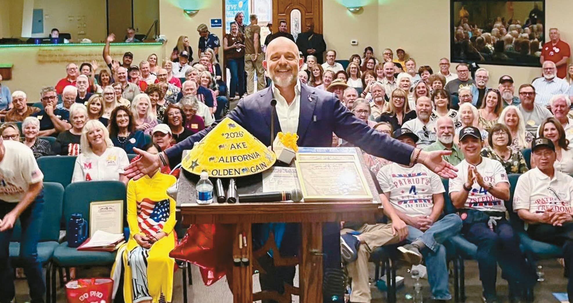 Steve Hilton speaks to supporters at a town hall in Ramona, San Diego County, during his California governor campaign on March 30.