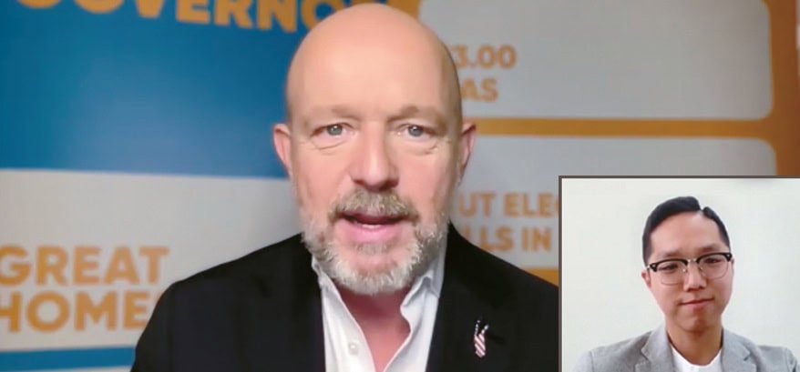 The Korea Daily reporter Kyeongjun Kim interviews Steve Hilton via video call on April 17 during the California governor race.