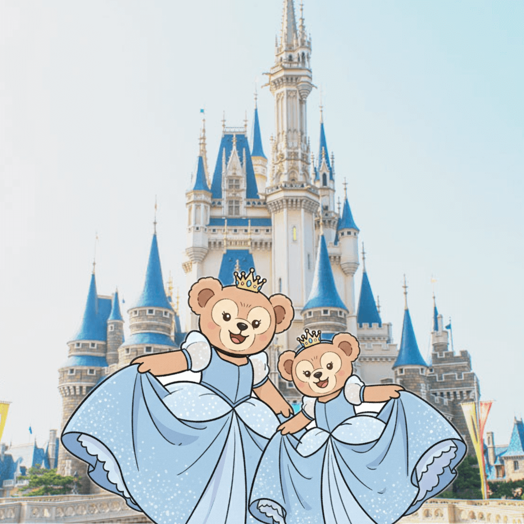 Bears family wearing princess dresses posing in front of Cinderella Castle at Tokyo Disneyland, perfect for Tokyo Disney family vacation and visiting with kids.