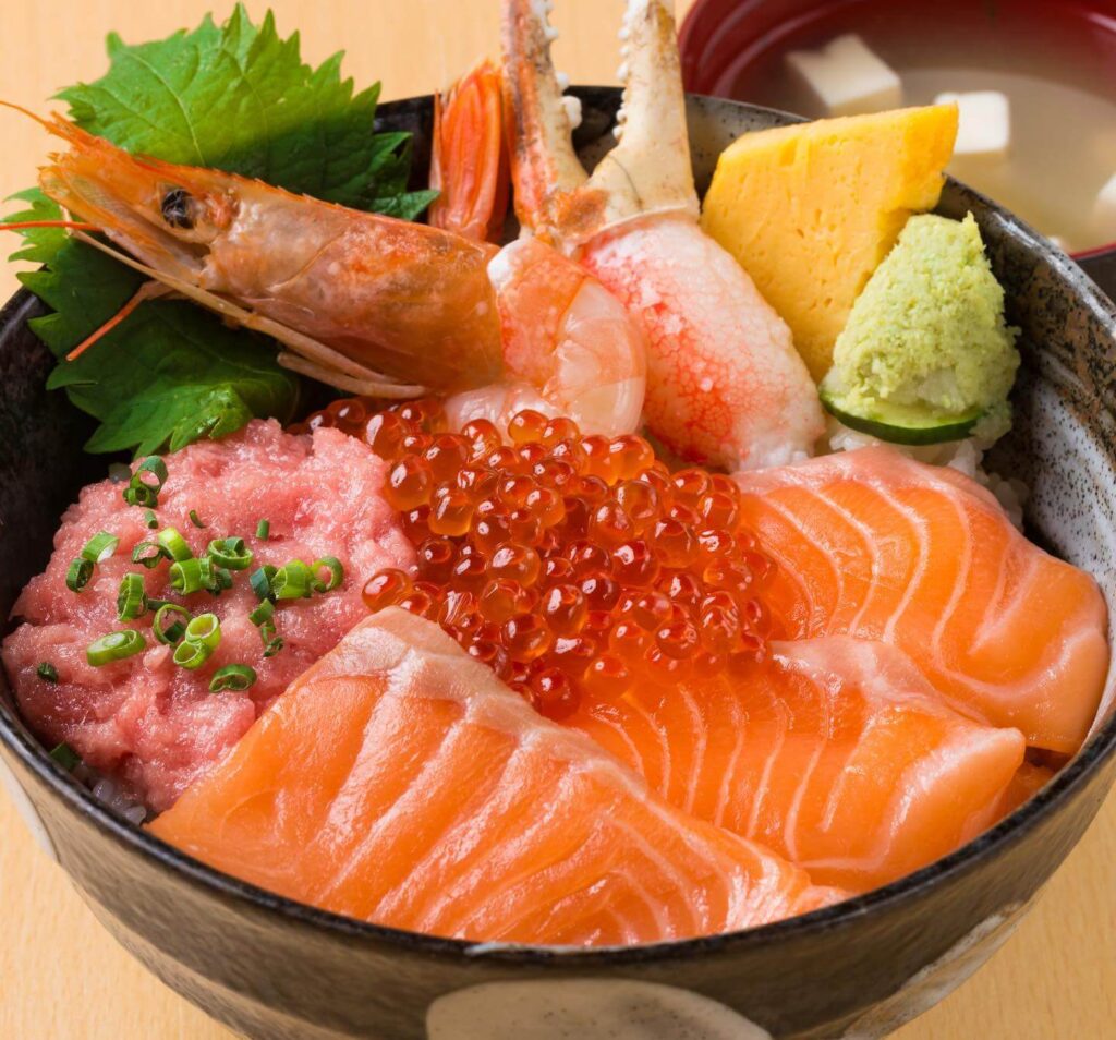 Delicious kaisendon seafood bowl at Toyosu Market in the Tokyo Family Itinerary