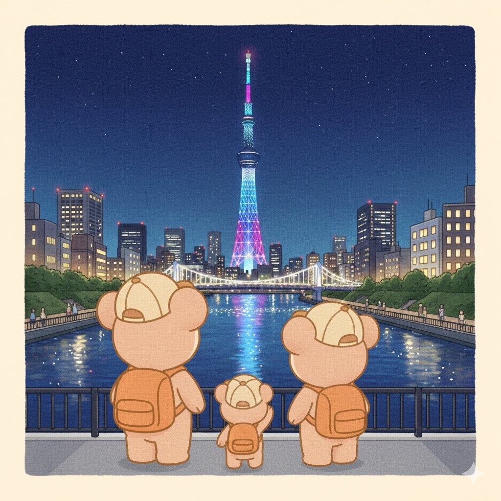 Tokyo Skytree night view seen by a bear family – part of Tokyo Family Itinerary, perfect for family travel inspiration